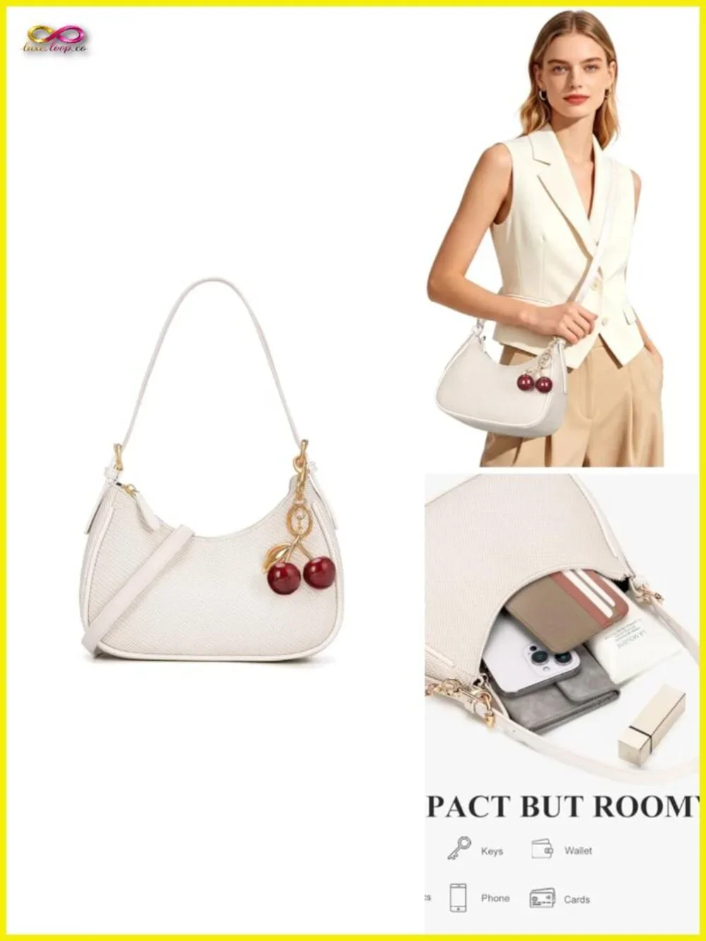 Small Hobo Purse with Cherry Charm | Faux Leather Shoulder Bag
